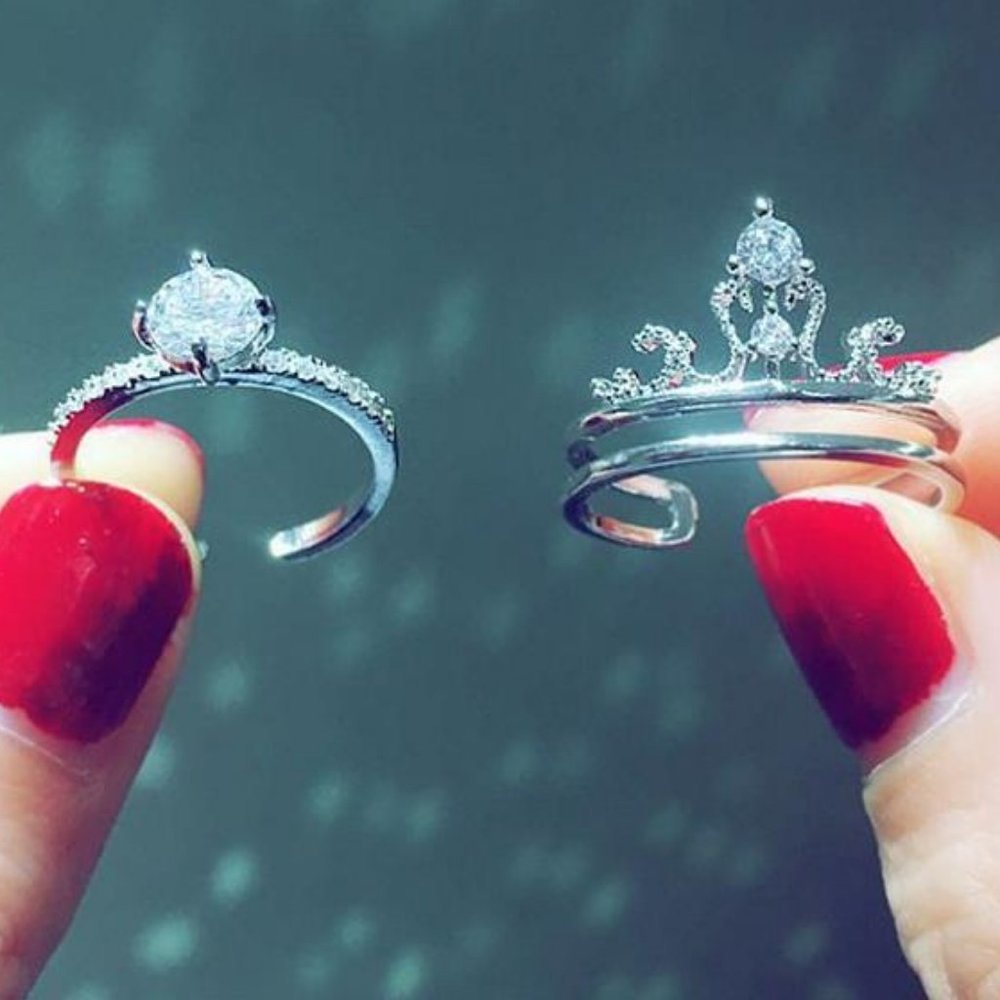 NEW 2PC Silver Diamond Crown Resizable Ring